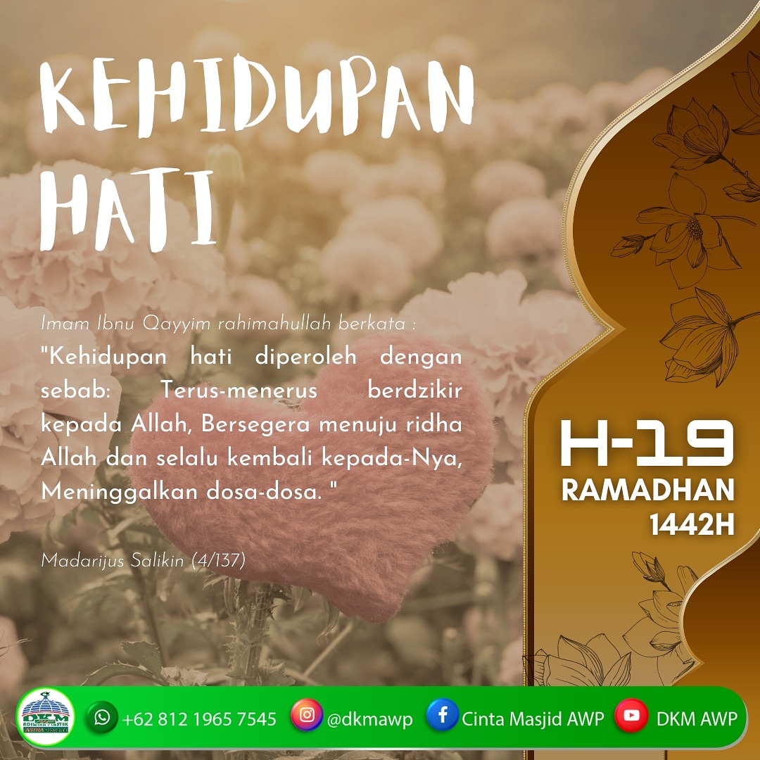 Mari kita hidupkan hati kita dengan dzikir, bertaqarub mencari ridhoNya dan menjauhi dosa-dosa.  https://www.instagram.com/p/CM0XP2gh5df/?igshid=12vmsjar4t9li  *DKM ADIWIRA PLASTIK*  IG : @dkmawp FB : Cinta Masjid AWP YT : DKM AWP