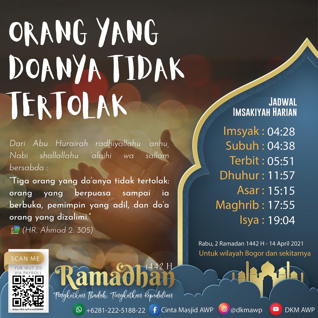 Salah satu yang tidak tertolak doanya adalah orang yang sedang berpuasa. Maka manfaatkan moment ini dengan sebaik-baiknya, sahabat. Berdoalah sebanyak-banyaknya selagi kita berpuasa. Bismillah..  *Marhaban Ya Ramadhan 1442H* _"Tingkatkan ibadah, tingkatkan kepeduliaan"_  https://www.instagram.com/p/CNn1hQCBByV/?igshid=1fp5yzzo72c6k  *DKM ADIWIRA PLASTIK*  IG : @dkmawp FB : Cinta Masjid AWP YT : DKM AWP