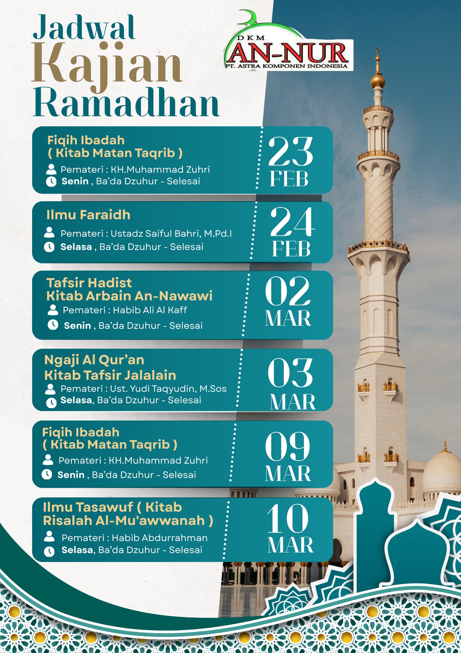 Jadwal Kajian Ba'da Dzuhur Bulan Ramadhan 1447 H