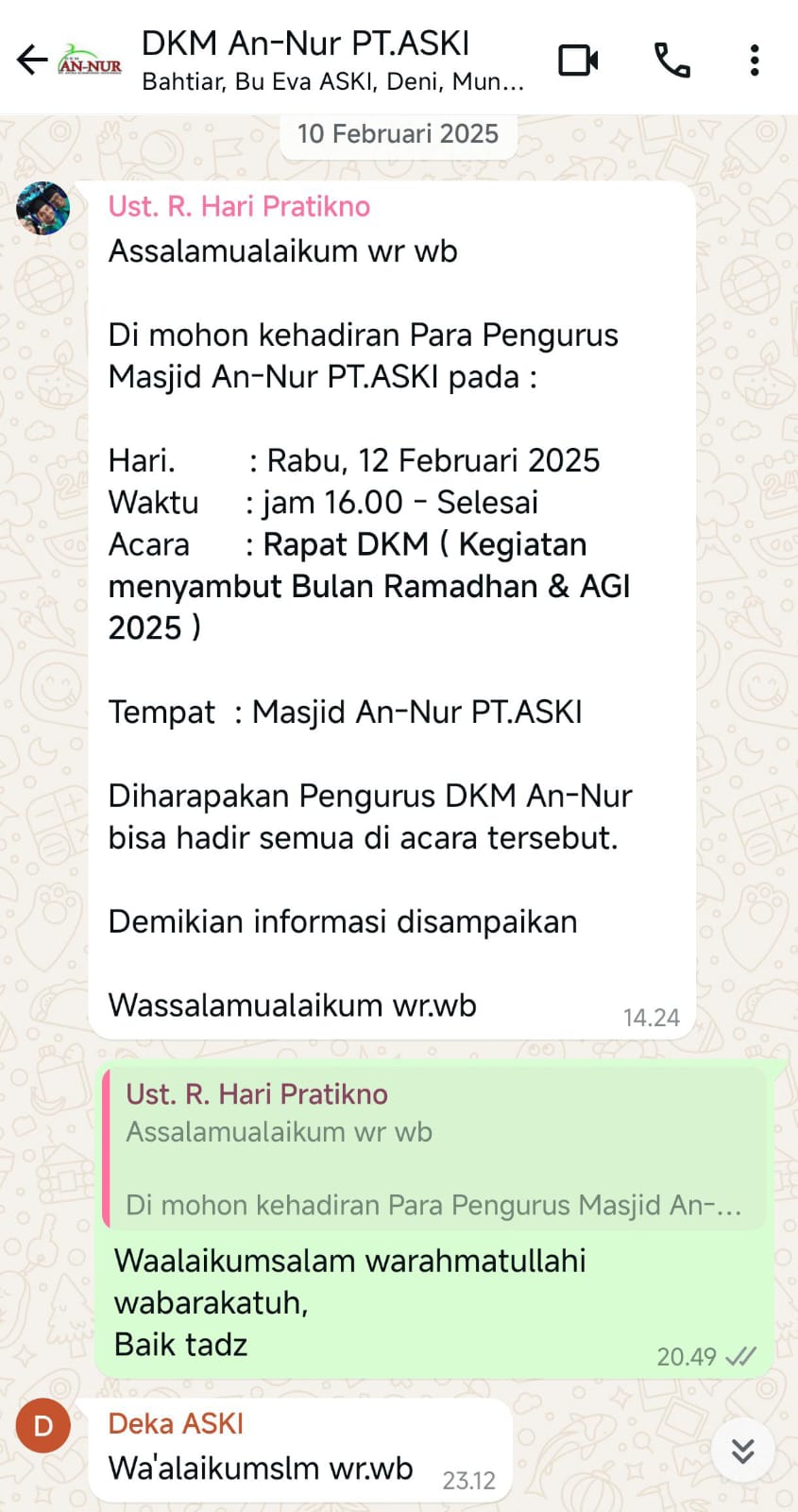 Undangan Rapat DKM dari Ketua DKM Ustadz R. Hari Pratikno